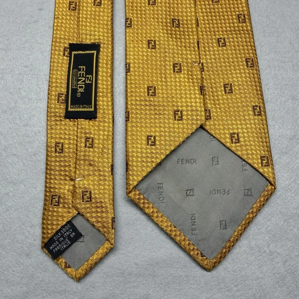 Vintage Fendi Men's Woven 100% Silk Tie Gold Geometric Pattern Logo Accent